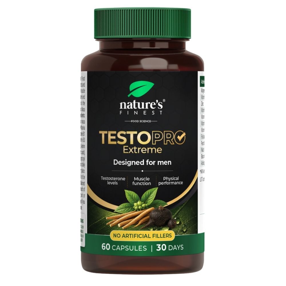 Flasche Nature's Finest TestoPRO Extreme mit 60 Kapseln, 30 Tage.