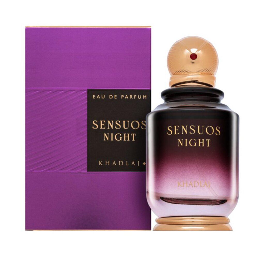 Damenparfüm Khadlaj Sensuos Night edp. Flakon mit goldfarbenem Verschluss und lila Verpackung. Text: Sensuos Night, Khadlaj.