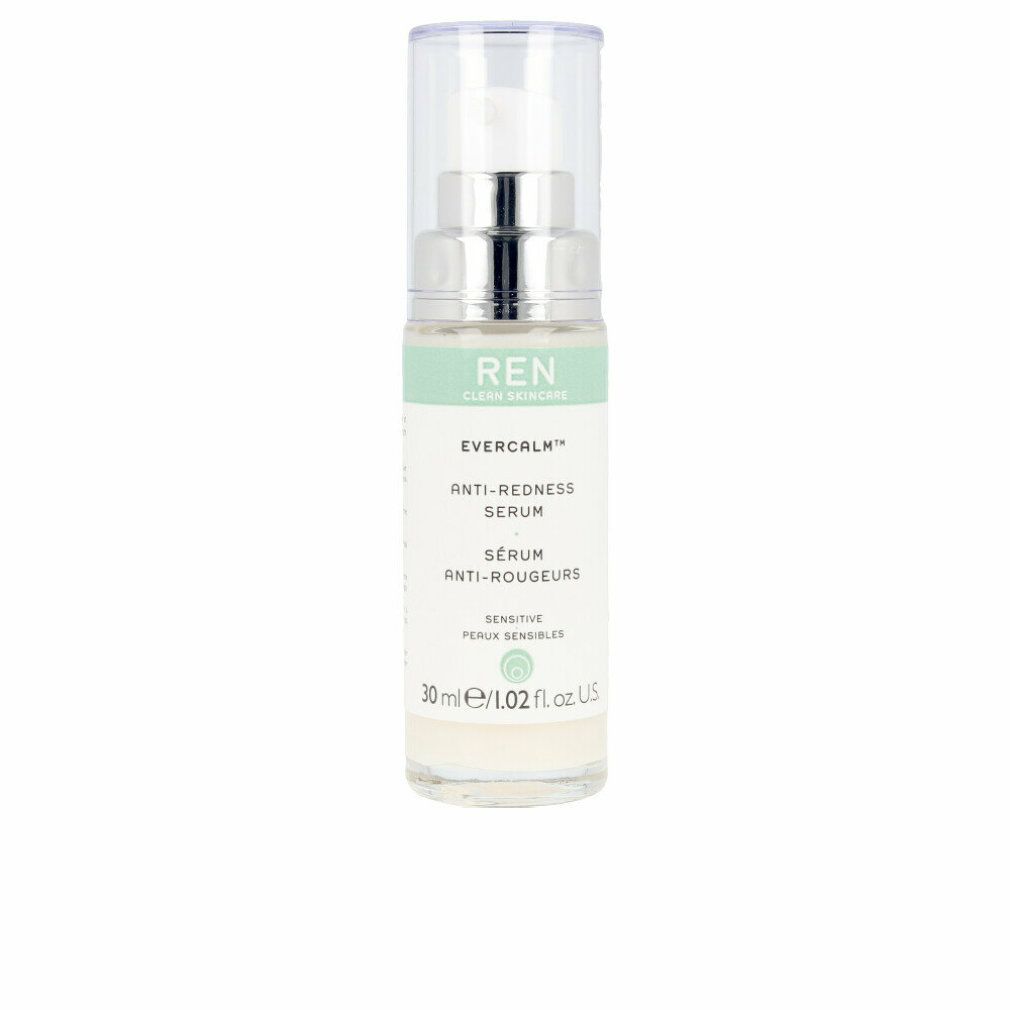 Serumflasche mit Pumpe. Aufschrift: REN, Evercalm, Anti-Redness Serum. 30 ml/1.02 fl. oz. US.