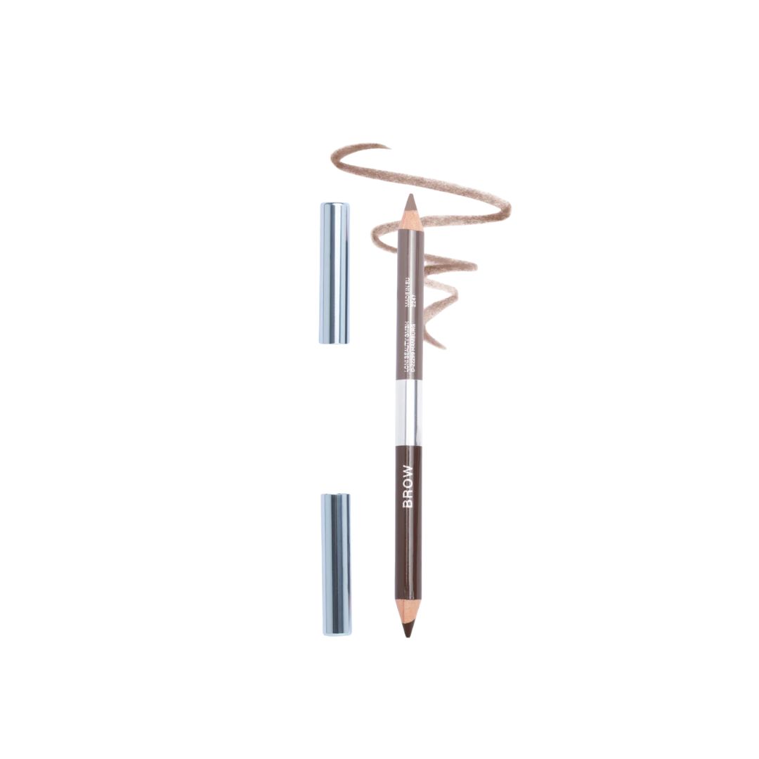 Doppel-Augenbrauenstift mit zwei Spitzen und Kappen. Eine Spitze ist braun, die andere hellbraun. Der Stift hat die Aufschrift "BROW".