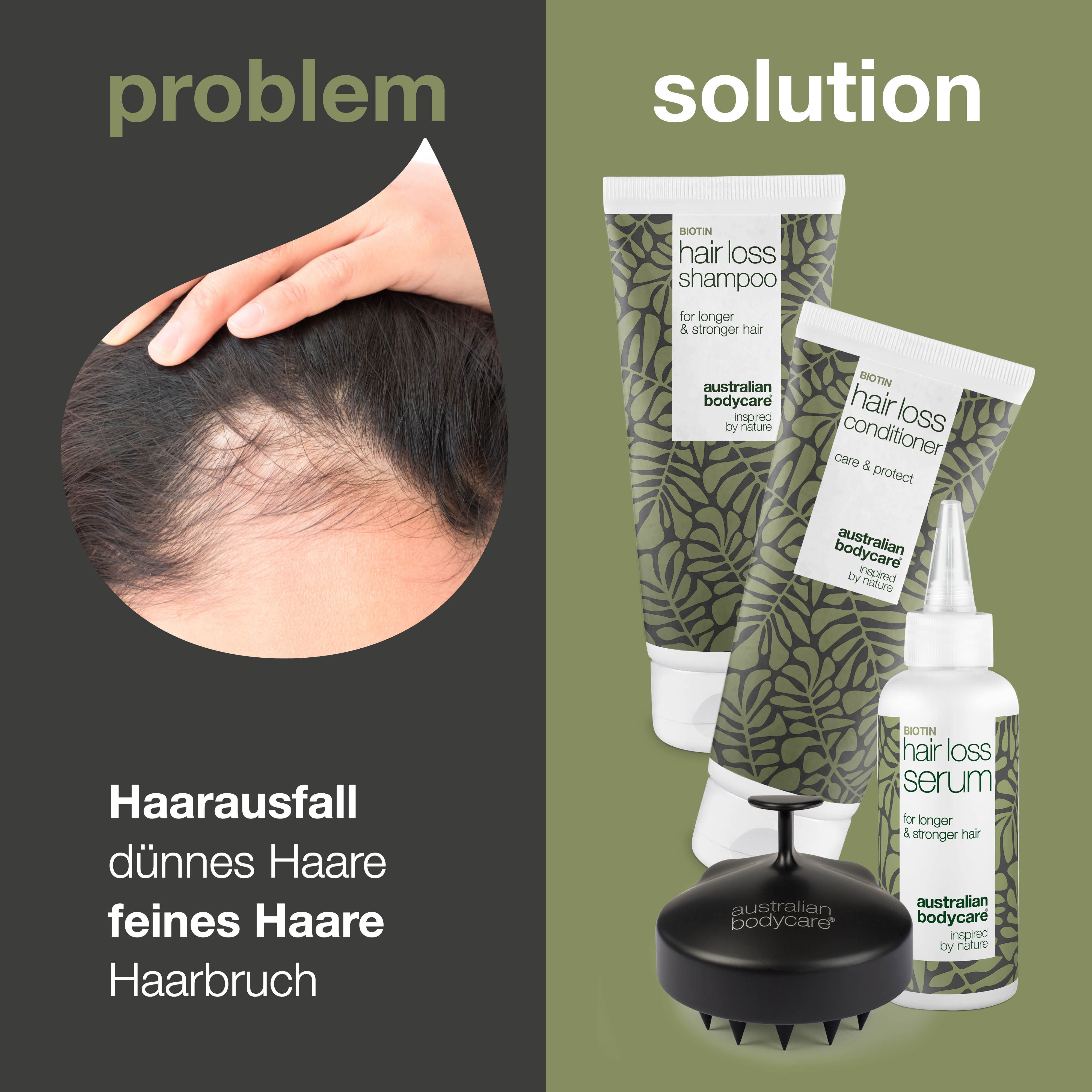 Haarausfall-Paket. Shampoo, Conditioner, Serum und Kopfhautbürste. Problem: Haarausfall, dünnes Haar, feines Haar.