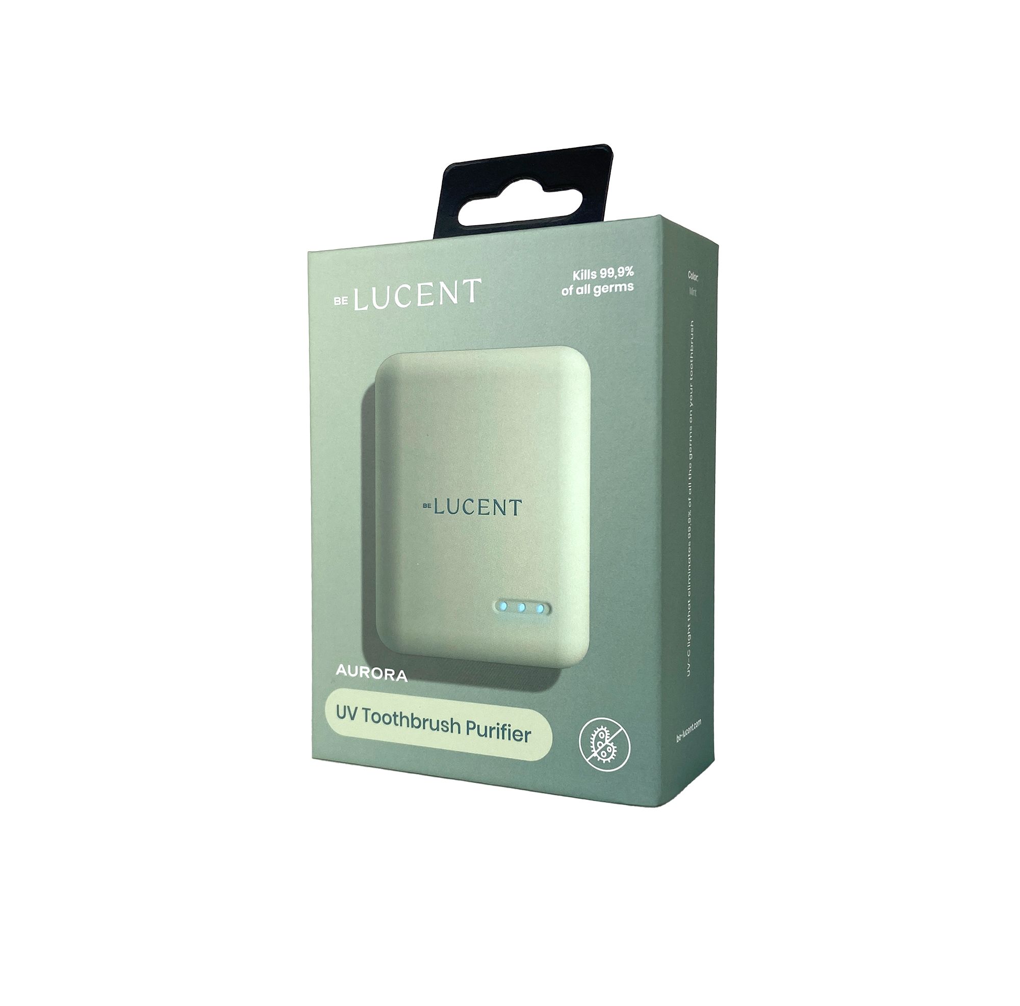 Verpackung mit Etui. Aufschrift "BE LUCENT" und "AURORA UV Toothbrush Purifier".