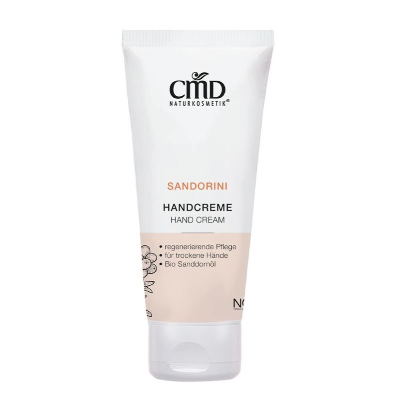Weiße Tube CMD Naturkosmetik Handcreme. Aufschrift: Sandorini Handcreme, regenerierende Pflege für trockene Hände.