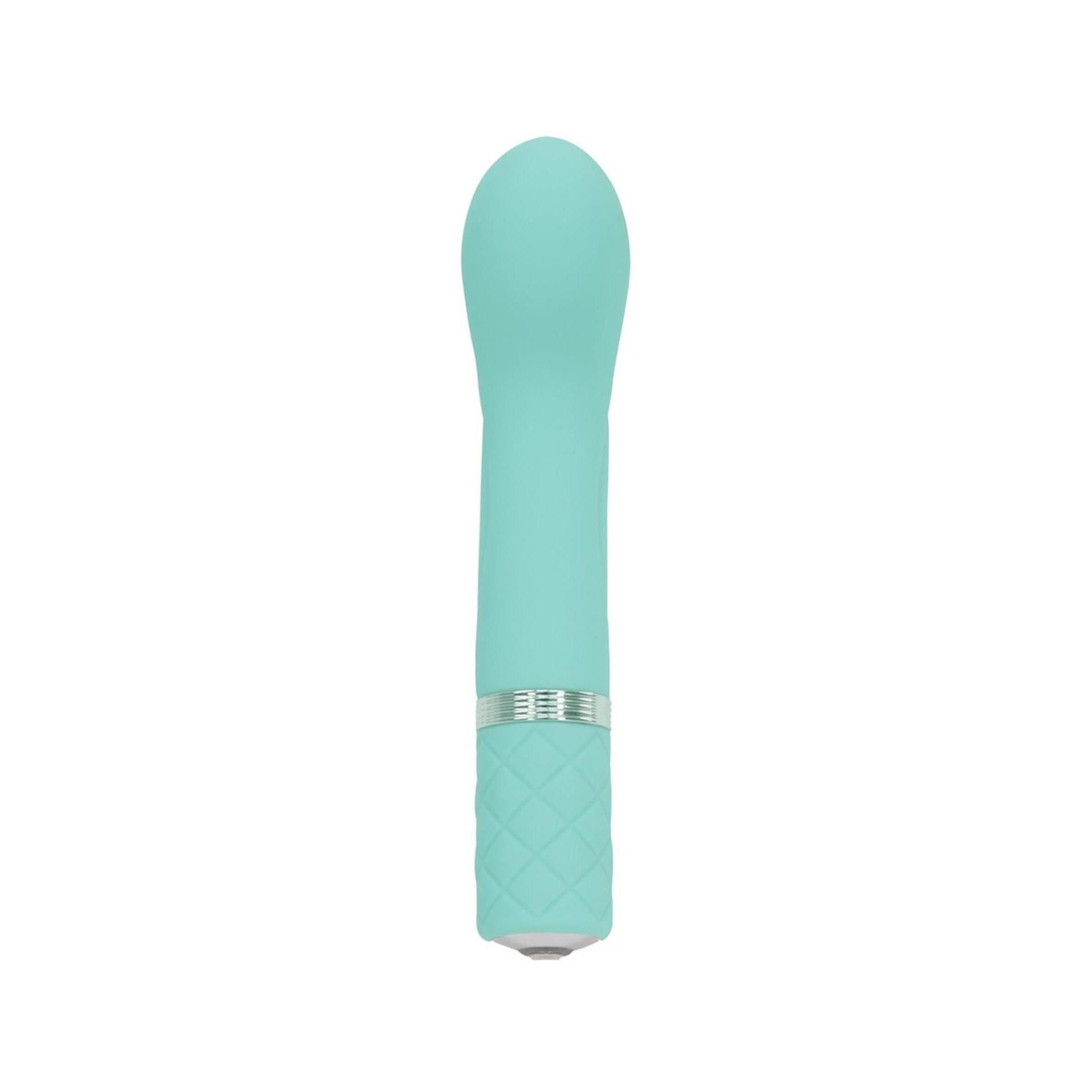 Türkisfarbener Vibrator mit gerader Form. Der Griff hat ein Rautenmuster und einen silbernen Ring.
