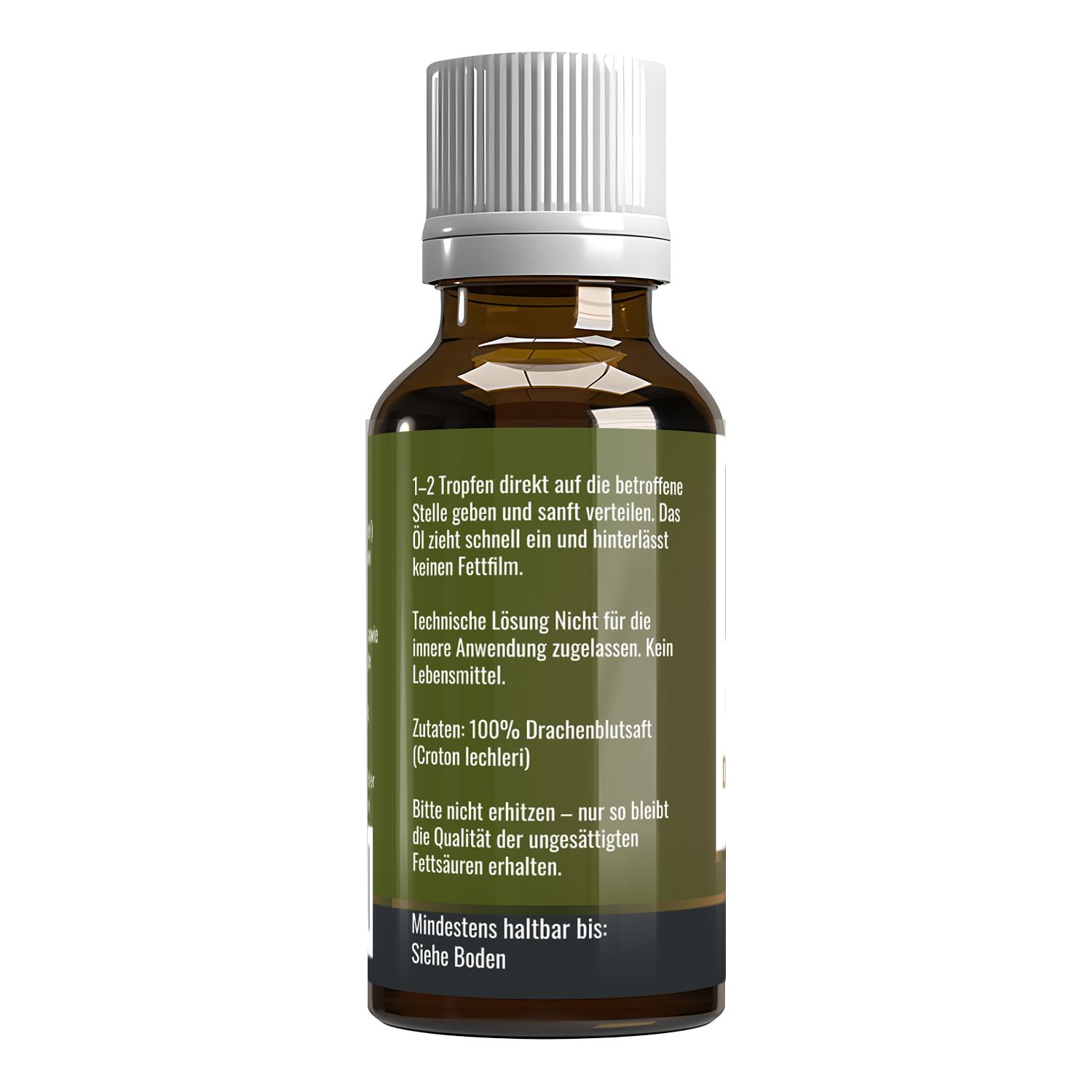 Braune Glasflasche mit weißem Deckel. Etikett mit Produktinformationen. Text über Anwendung und Inhaltsstoffe.