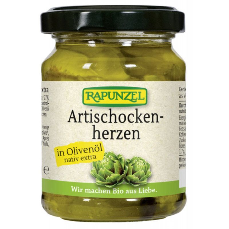Glas mit Artischockenherzen in Olivenöl. Aufschrift: Rapunzel, Artischockenherzen, in Olivenöl nativ extra. Zwei Artischocken-Illustrationen.