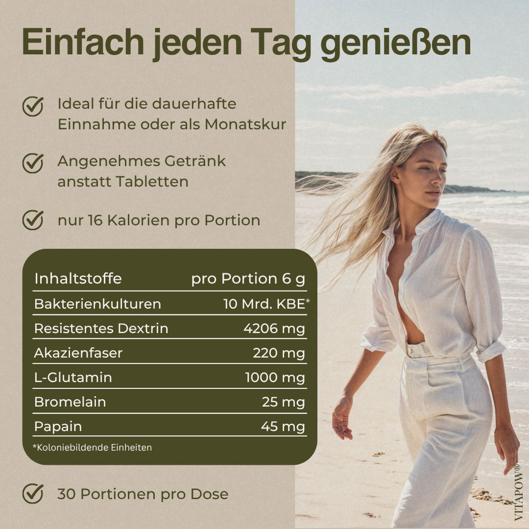 Frau am Strand. Links daneben eine Tabelle mit Inhaltsstoffen und Kalorien pro Portion. Unten steht '30 Portionen pro Dose'.