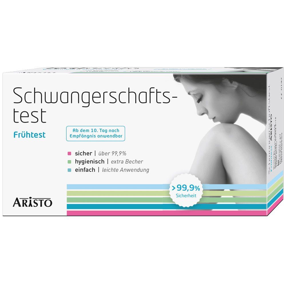 Verpackung mit Schwangerschaftstest. Text: Schwangerschaftstest Frühtest, Aristo. Abbildung einer Frau. Über 99,9% Sicherheit.
