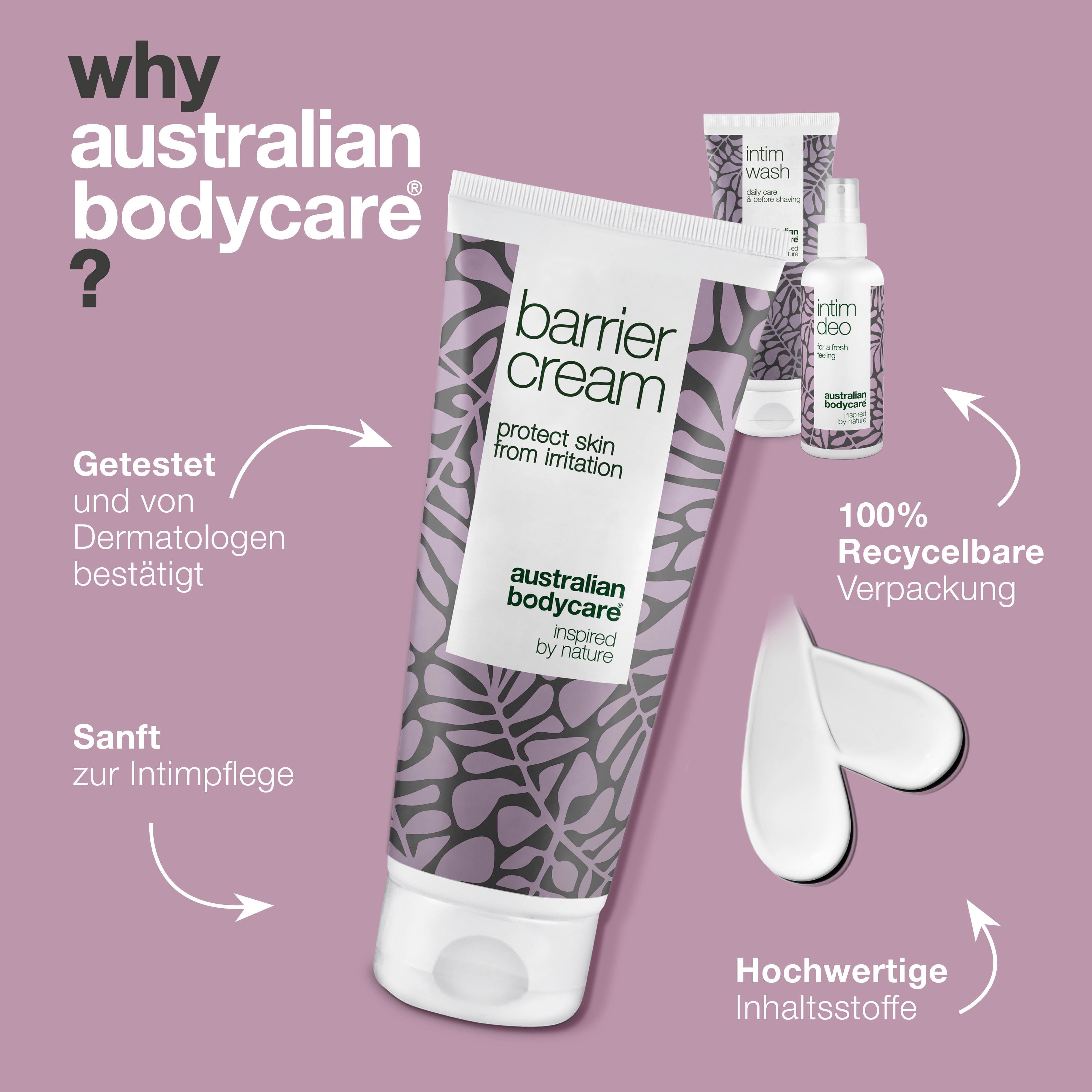 Produktabbildung mit Text. Produkte: Barrier Cream, Intim Wash, Intim Deo. Text: Getestet von Dermatologen. Marke: Australian Bodycare.