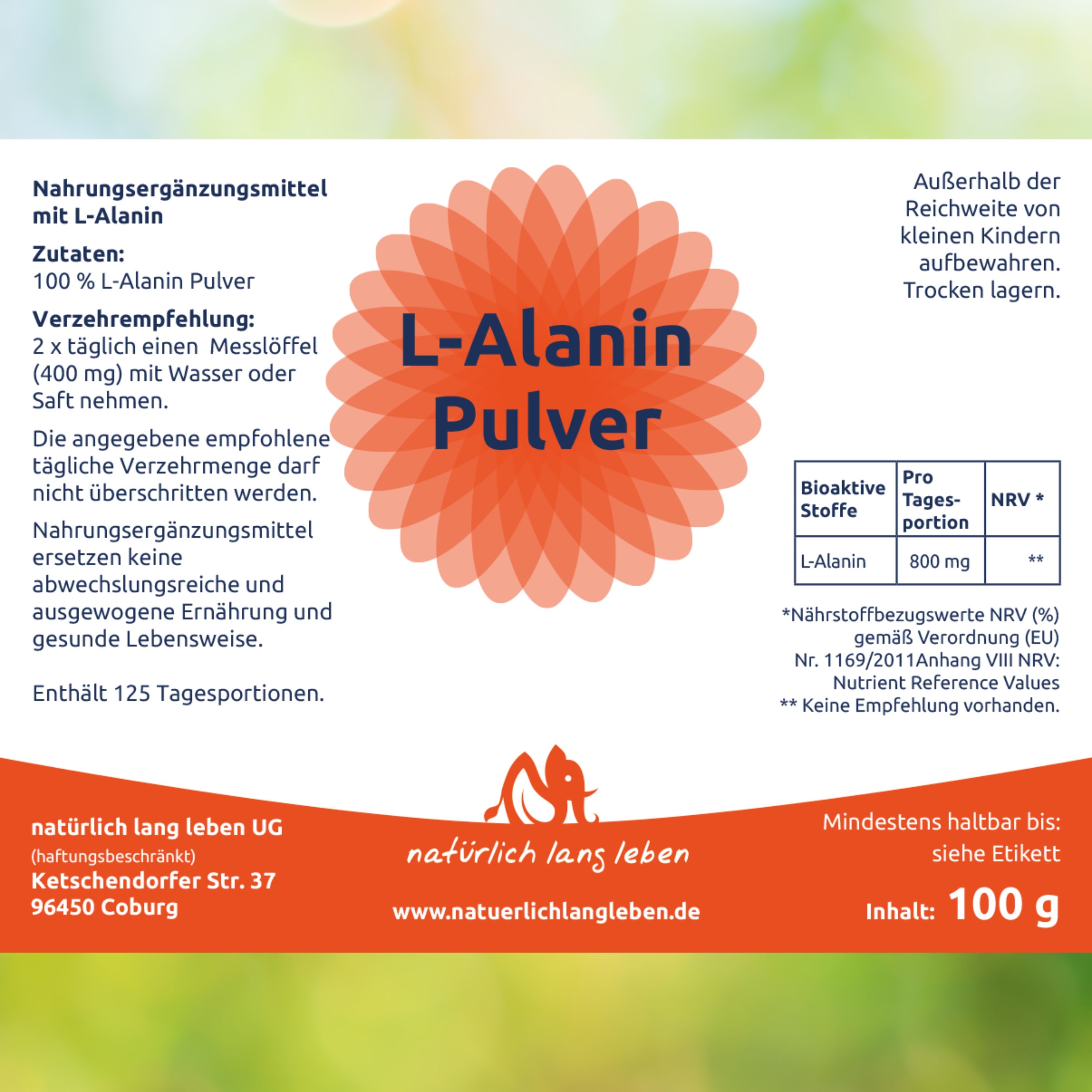 Etikett mit Produktinformationen. L-Alanin Pulver, 100% L-Alanin, Zutaten, Verzehrempfehlung. Orangefarbenes Logo. Mindesthaltbarkeit.