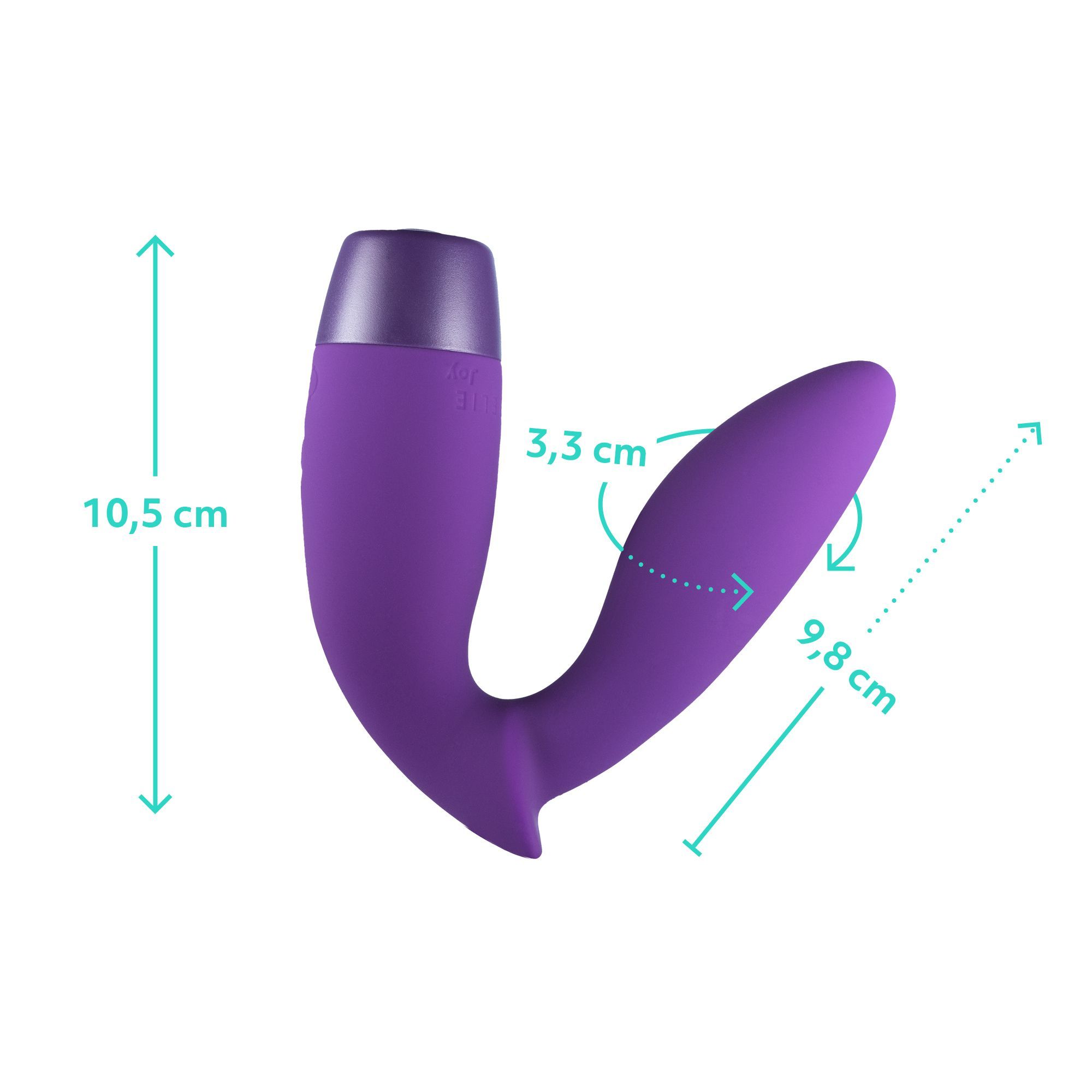 Lila Wellness-Produkt mit Maßangaben. Höhe 10,5 cm, Breite 9,8 cm, Griff 3,3 cm.