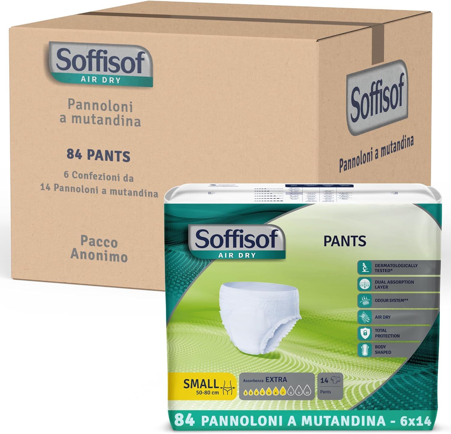 Karton mit Soffisof Pants Extra und einer Packung. Aufschrift: 84 Pants, 6 Packungen à 14 Pants. Verpackung: anonym.