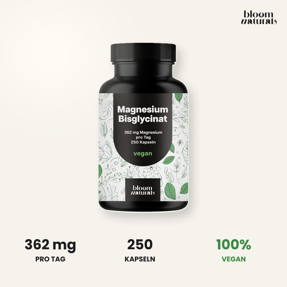 Dose Magnesium Bisglycinat von Bloom Naturals. 362 mg pro Tag, 250 Kapseln, 100% vegan.