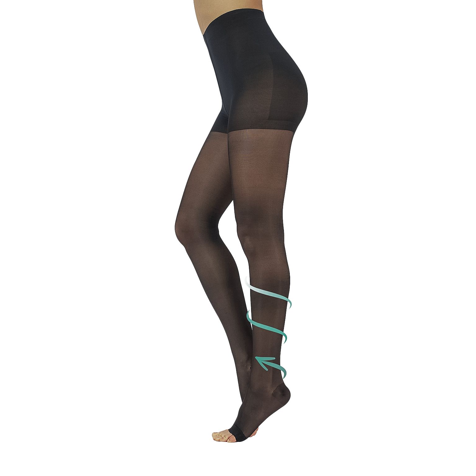 Schwarze Strumpfhose mit offener Zehenpartie. Kompression. Pfeile zeigen die Kompression an. Made in Italy.