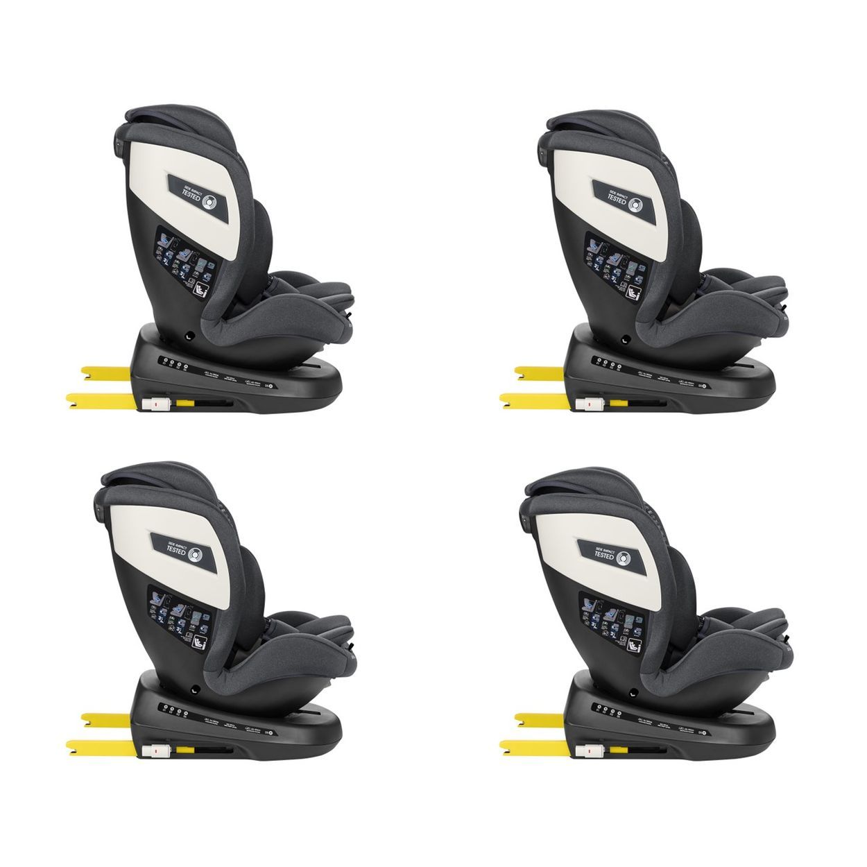 Seitenansicht eines schwarzen Kindersitzes mit Isofix-Haken und Zertifizierungsaufklebern.