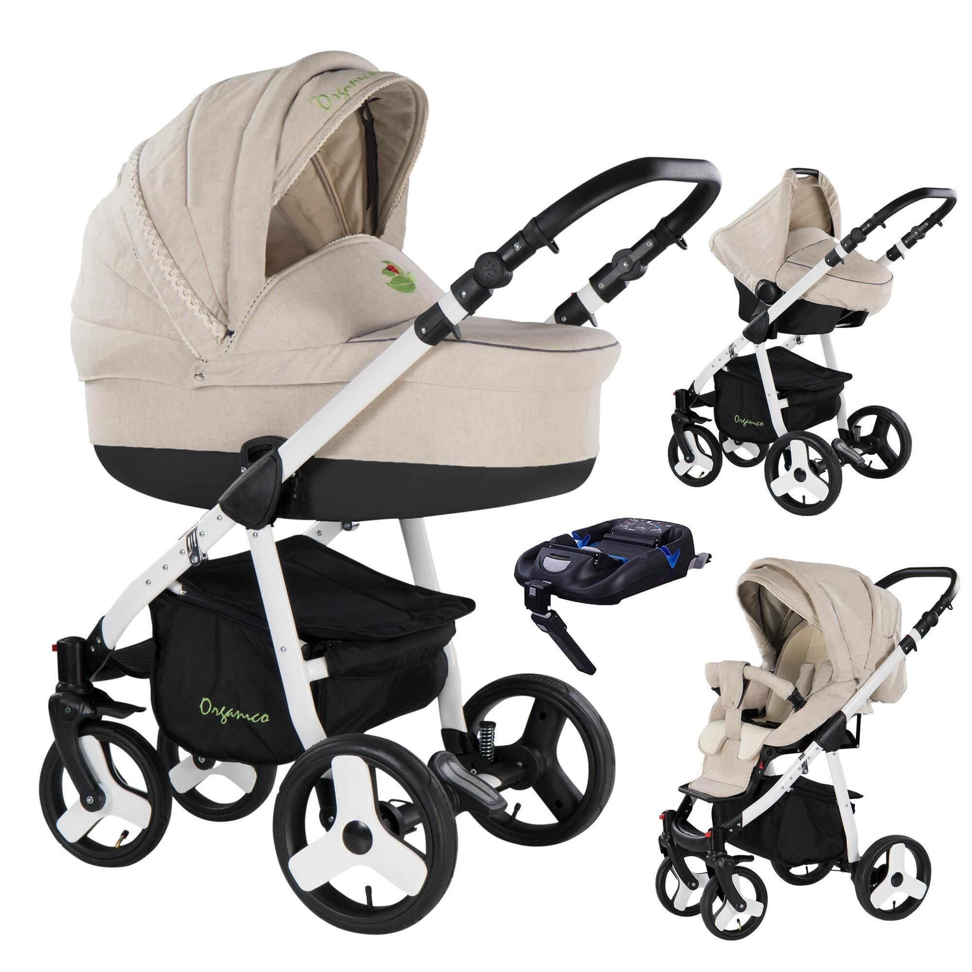 Friedrich Hugo Organico 4 in 1 Kinderwagen Komplettset & Isofix, Natureline Beige - Gestell Weiß