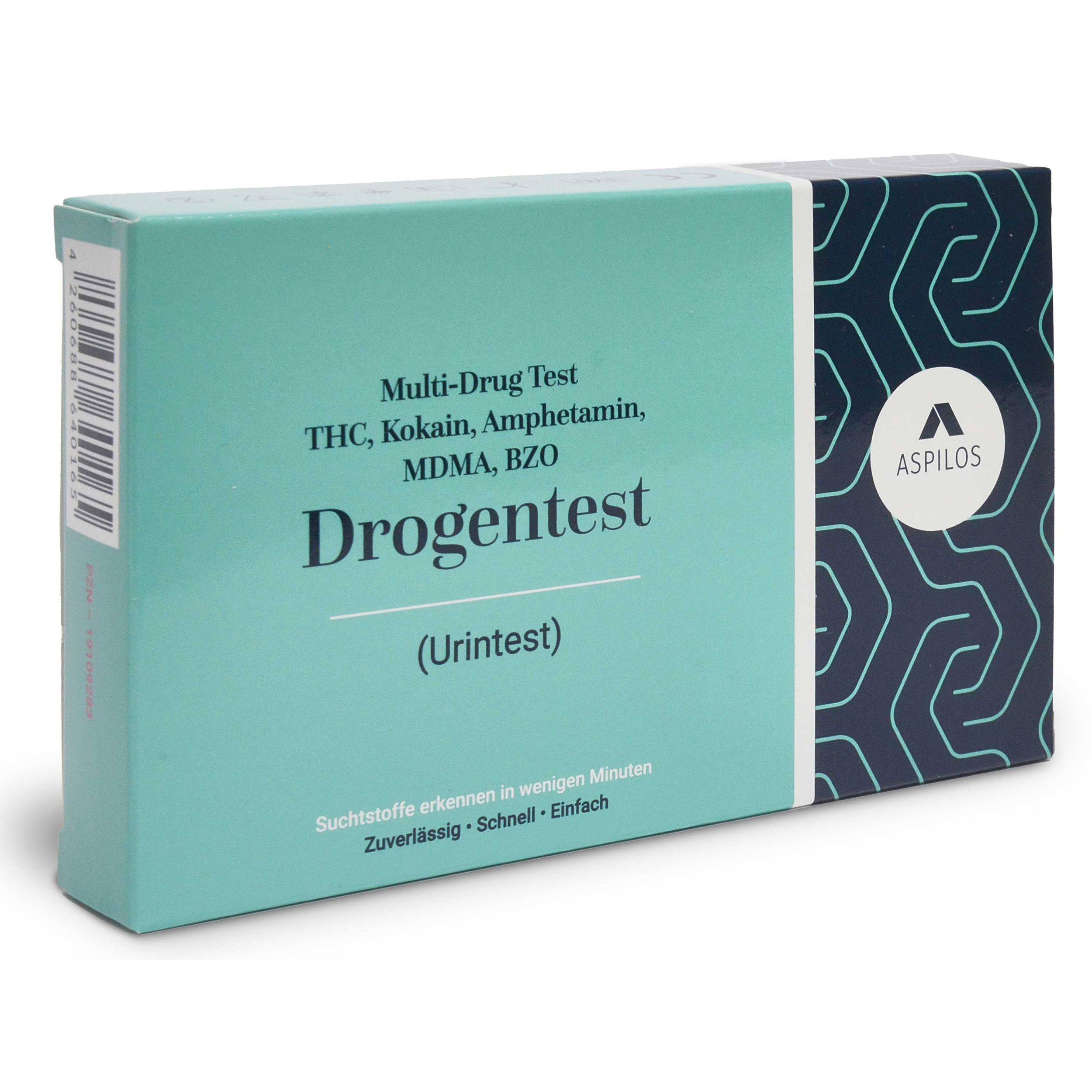 Drogentest-Verpackung. Enthält THC, Kokain, Amphetamin, MDMA, BZO. Marke ASPILOS. Türkis-weißes Design. Text: Drogentest (Urintest).