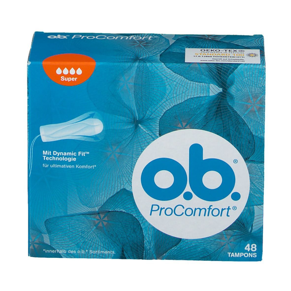 o.b.® ProComfort Super Tampons. Blaue Verpackung mit Produktabbildung und Text. 48 Tampons. Oeko-Tex Siegel.