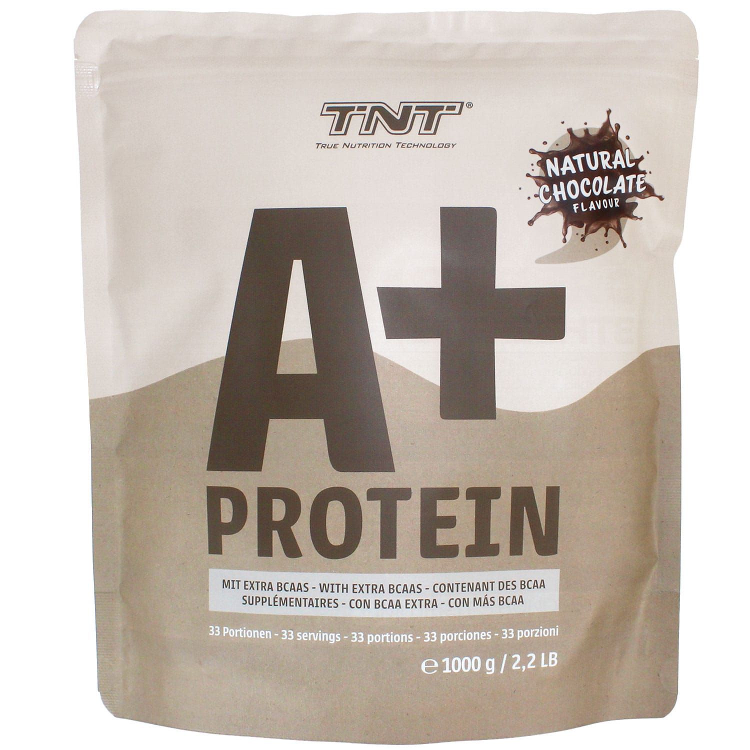 Beutel TNT A+ Protein, braune Schrift auf hellem Hintergrund. Aufschrift: A+ Protein, Natural Chocolate Flavour, 1000 g / 2,2 lb.