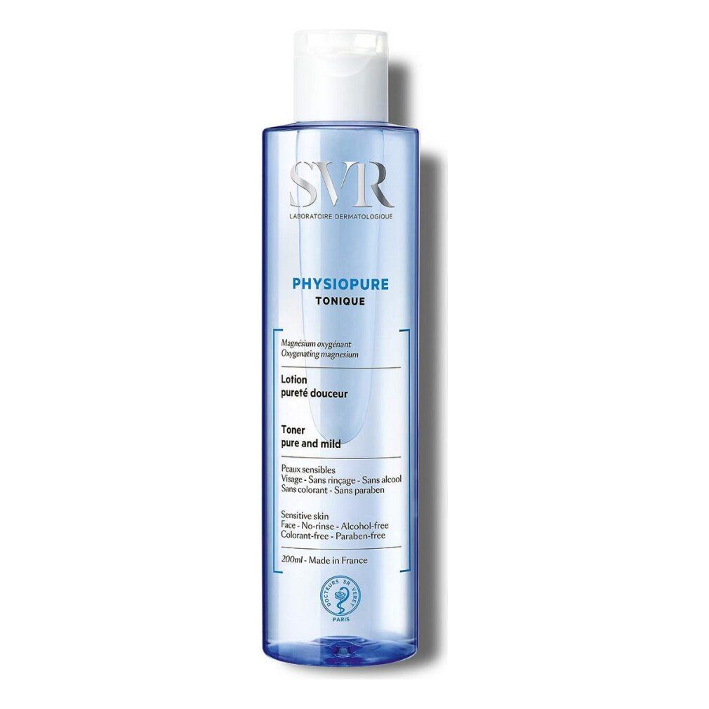 SVR Physiopure Tonique. Blaue Flasche mit weißem Deckel. Aufschrift: SVR, Physiopure Tonique, Lotion Pureté Douceur, Toner.