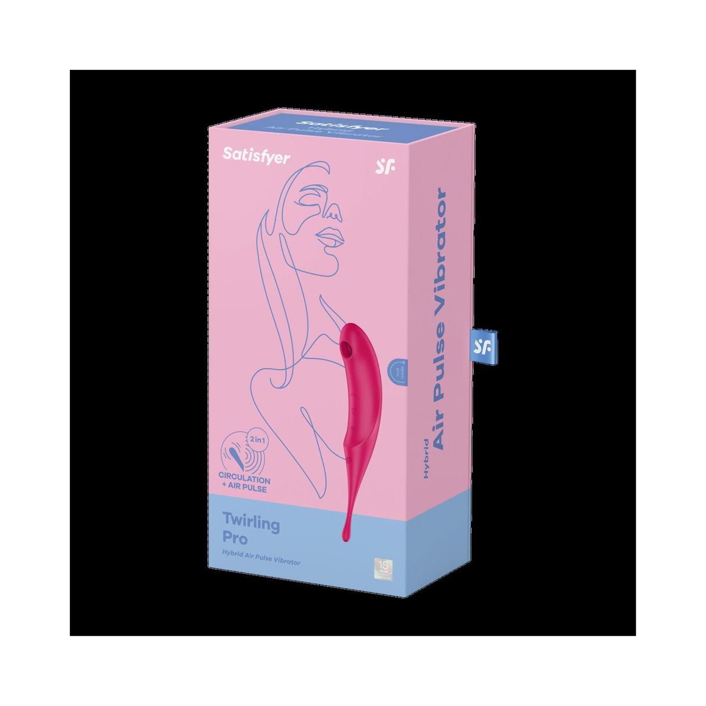Verpackung von Satisfyer Twirling Pro. Rosa Schachtel mit Produktabbildung und Text. Marke und Produktname.
