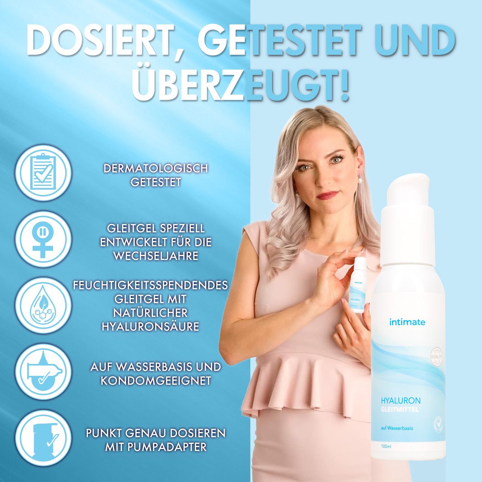 Frau hält Flasche "INTIMATE Hyaluron Gleitmittel", mit Symbolen für dermatologische Tests.