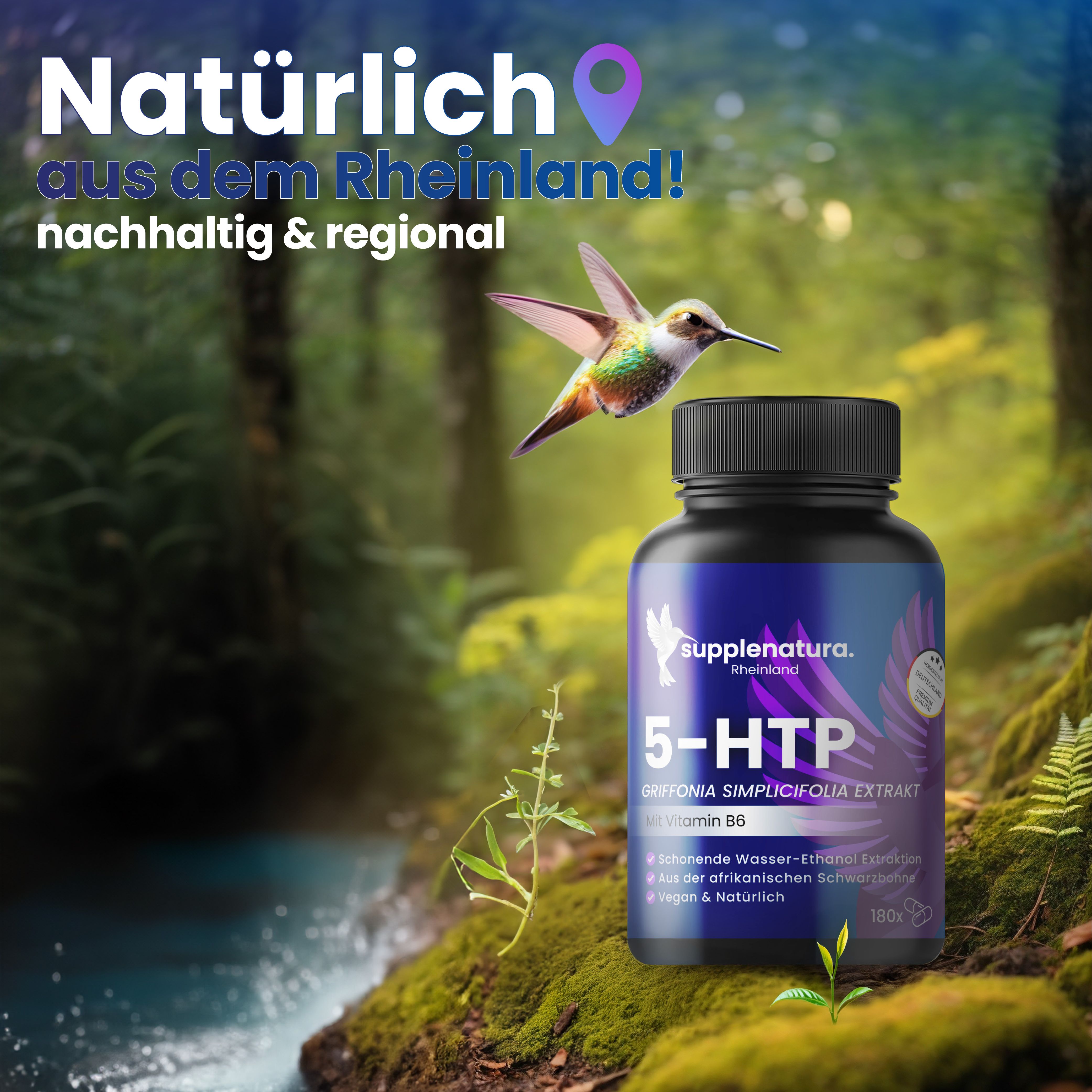Flasche supplenatura Rheinland® 5-HTP mit Vitamin B6. Landschaft im Hintergrund. Text: Natürlich aus dem Rheinland!