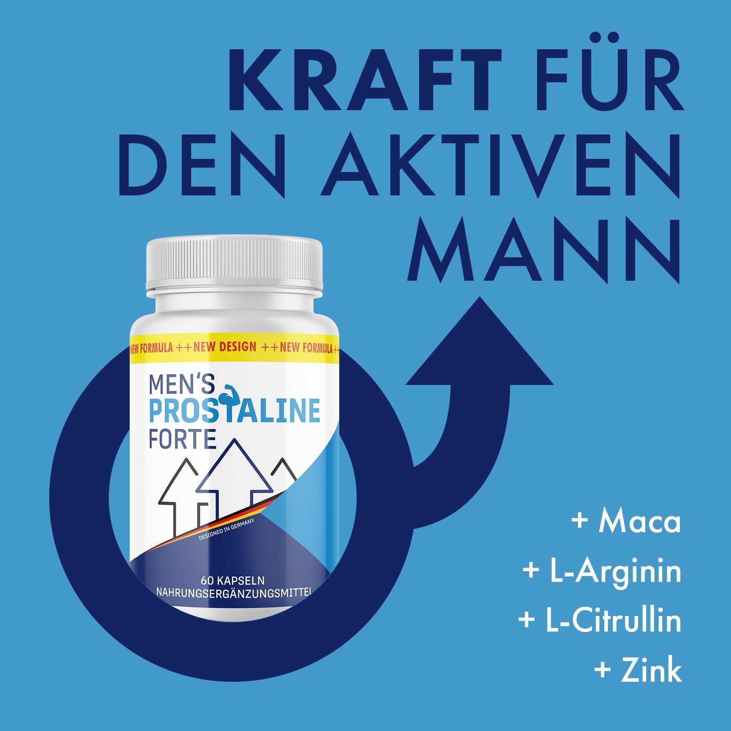 Men's Prostaline Forte Kapseln in weißer Flasche mit blauem Etikett, umgeben von einem blauen Männersymbol.