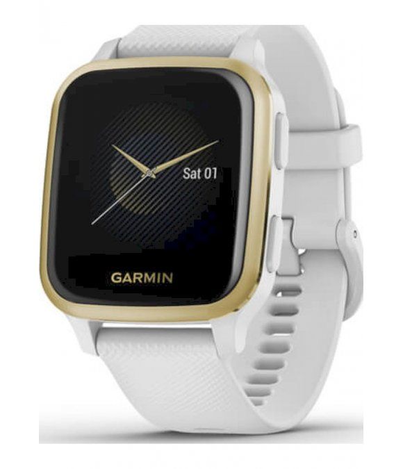 Garmin Smartwatch. Weißes Armband, goldfarbener Rahmen. Schwarzes Display mit Uhrzeit. Marke Garmin sichtbar.