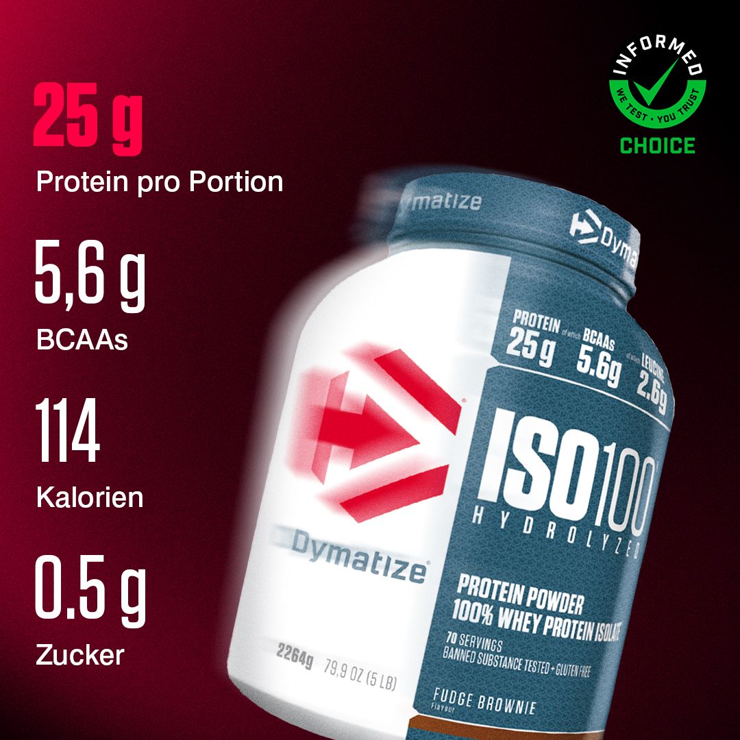 DYMATIZE ISO 100 Hydrolyzed Protein Pulver Fudge Brownie Dose mit Nährwertangaben.