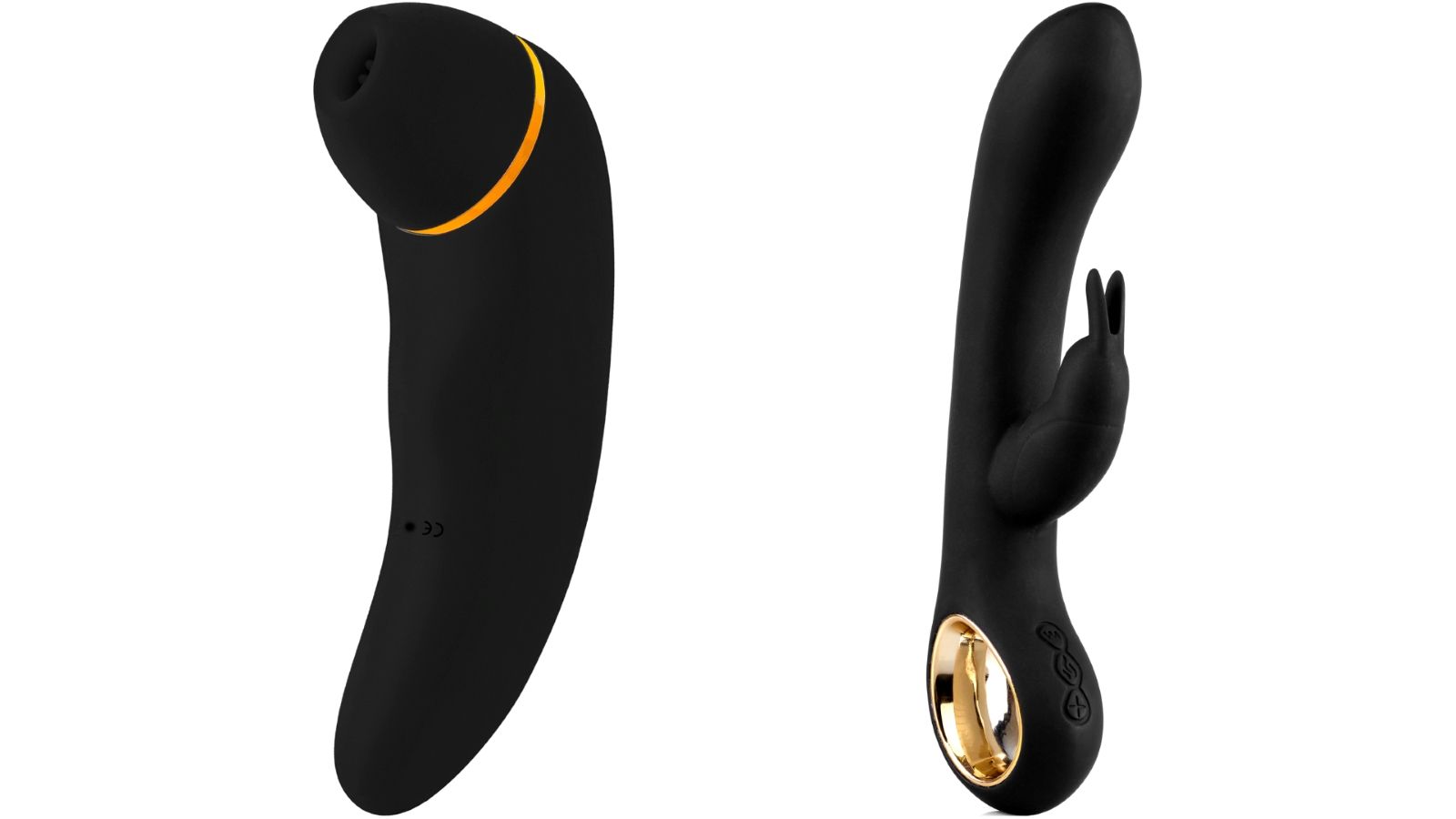 Zwei Wellness-Produkte. Links: Schwarz, gebogen mit gelbem Akzent. Rechts: Schwarz, gebogen mit Hasenohren-Aufsatz und goldenem Ring.