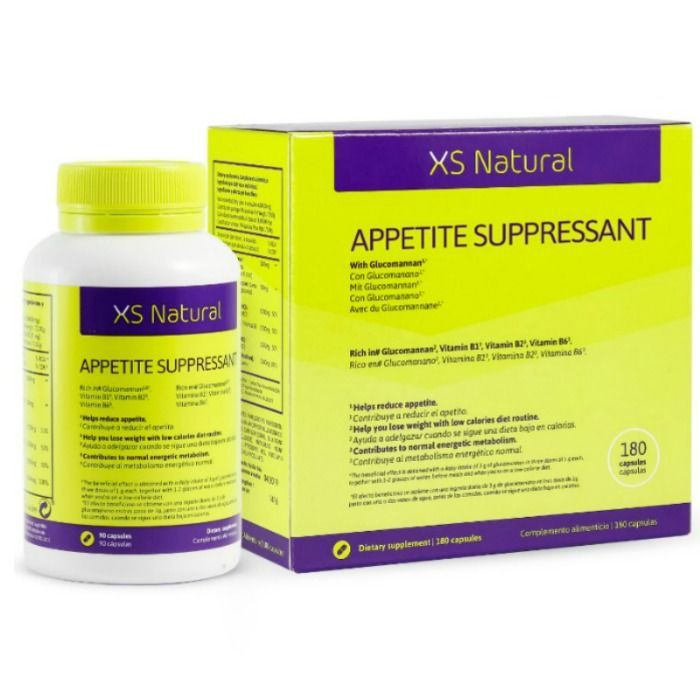 Gelbe Flasche und Schachtel mit der Aufschrift "XS Natural Appetite Suppressant". Enthält 180 Kapseln.