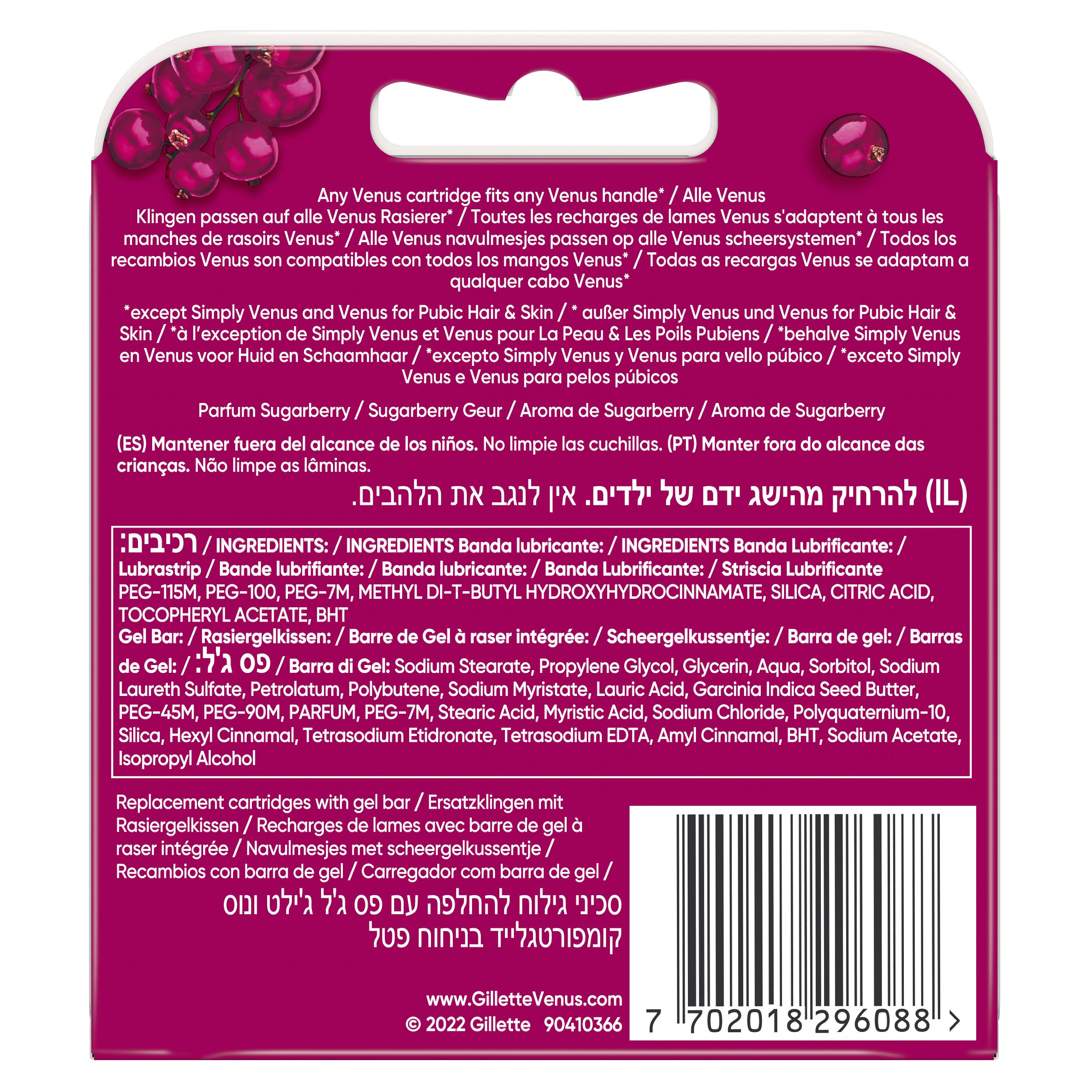Rückseite der Verpackung mit Produktinformationen und Inhaltsstoffen. Text in mehreren Sprachen.