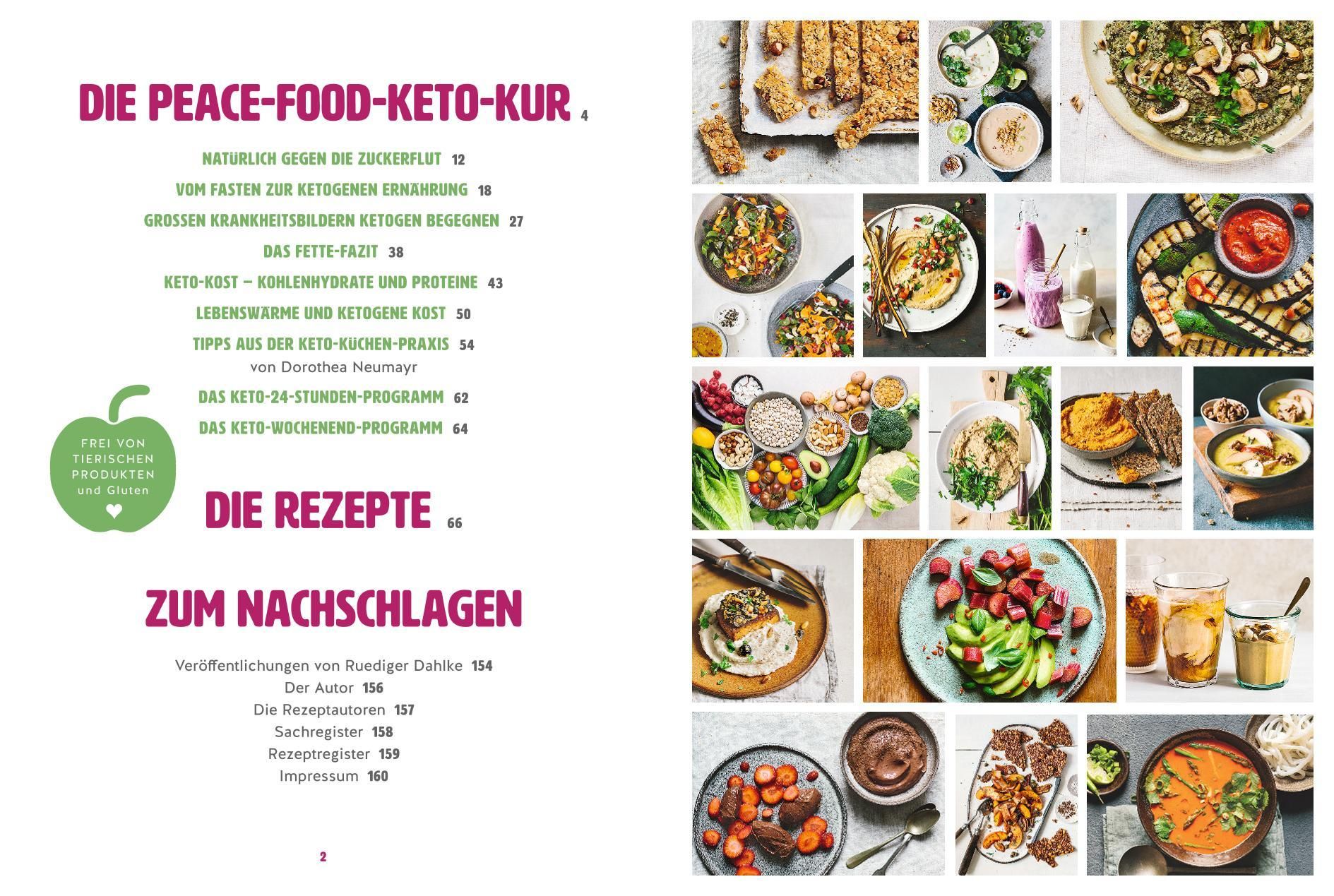 Buchseite mit Inhaltsverzeichnis. Titel: DIE PEACE-FOOD-KETO-KUR. Untertitel und Kapitelüberschriften. Fotos von Gerichten.