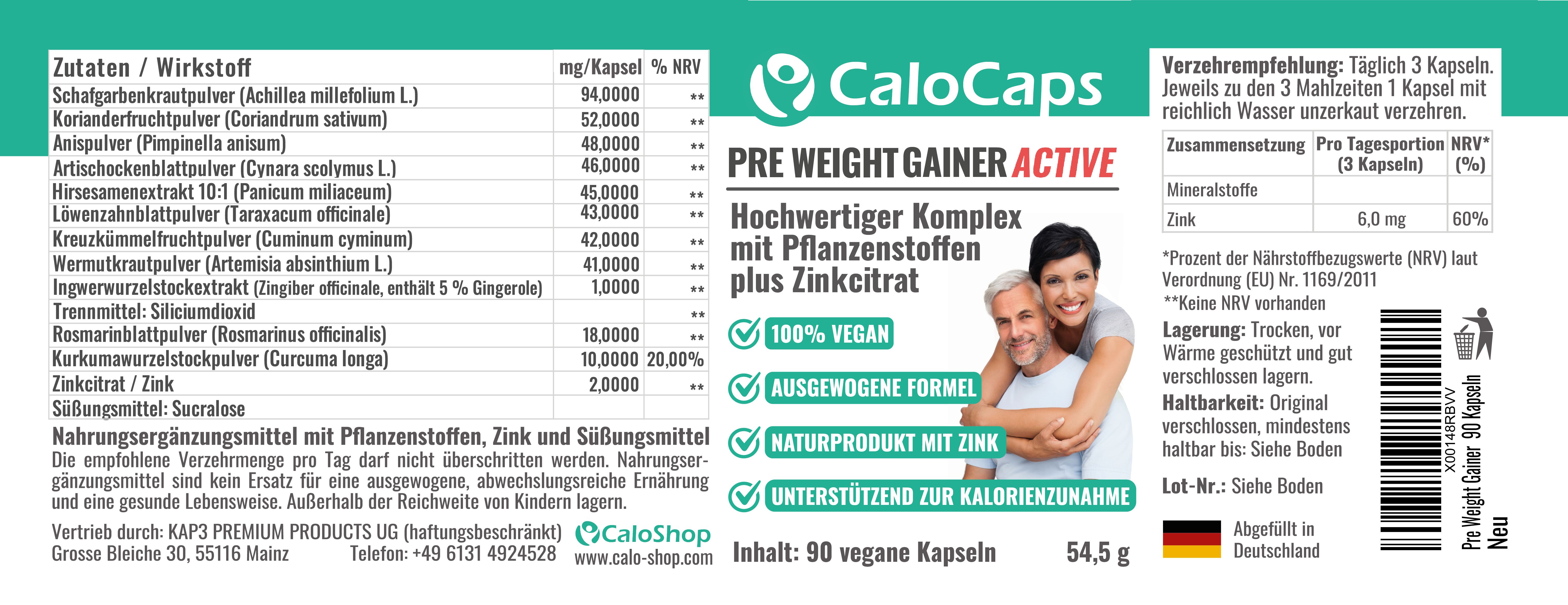 Produktverpackung, Zutatenliste, Nährwertangaben, CaloCaps Logo, Text: Pre Weight Gainer Active.
