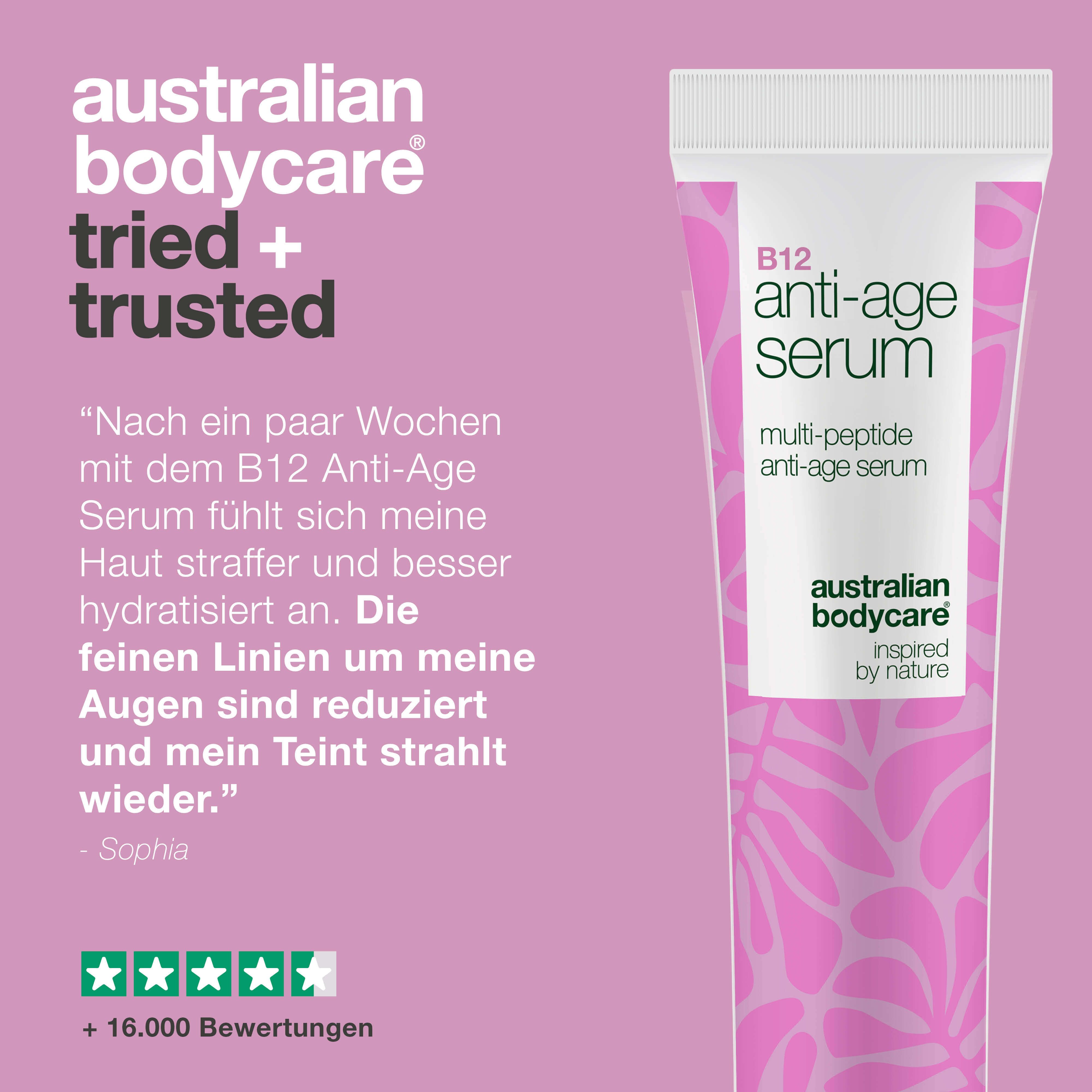 Tube Anti-Age Serum B12 neben Text. Text: Erfahrungsbericht, Bewertung, Logo, Sterne.