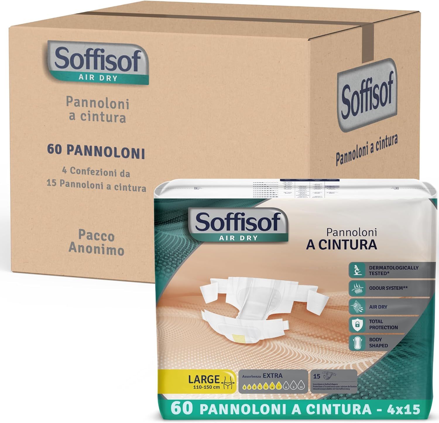 Karton und Packung Inkontinenzschutz mit Hüftbund. Marke Soffisof. Größe Large. 60 Stück.