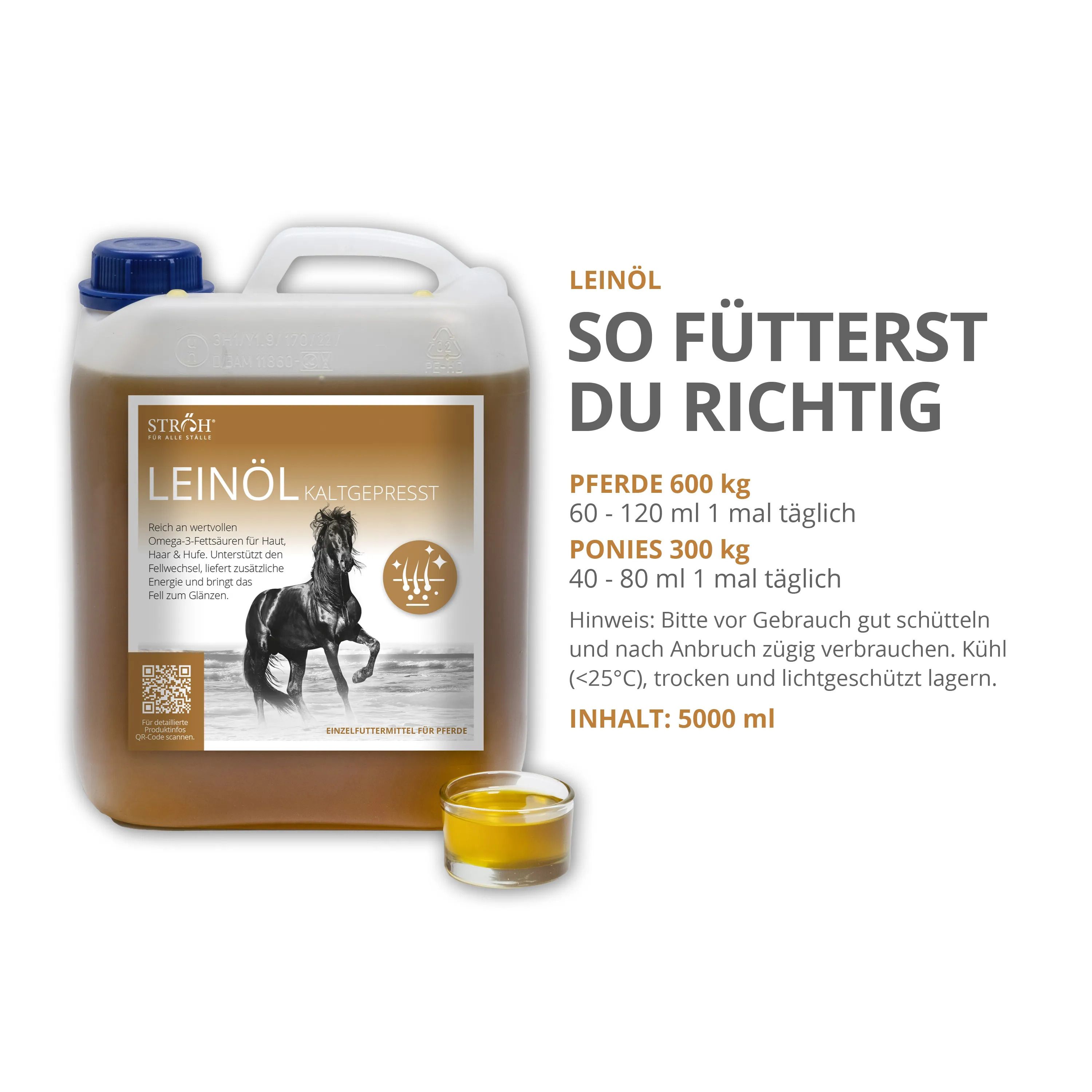 Behälter mit Leinöl kaltgepresst. Aufschrift: STRÖH, Leinöl kaltgepresst. Kleines Glas mit Öl daneben. Text: 5000 ml. Dosierungshinweise.