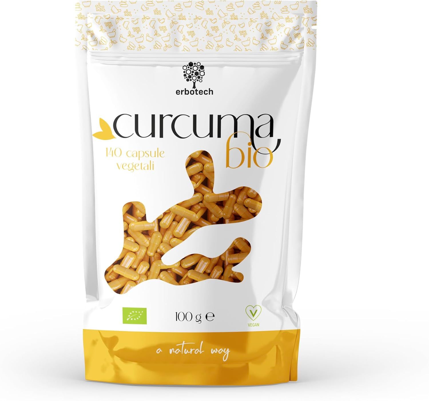 Beutel mit ERBOTECH Curcuma BIO Kapseln. Gelbe Schrift, Bio-Siegel, 100 g. Abbildung von Kurkuma-Wurzeln.