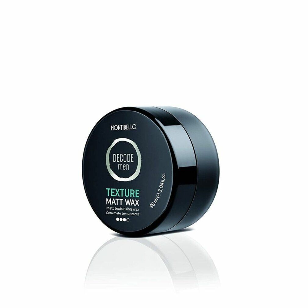Schwarzer Tiegel mit Aufschrift DECODE MEN TEXTURE MATT WAX. Produktname und Eigenschaften sind auf dem Tiegel angegeben.