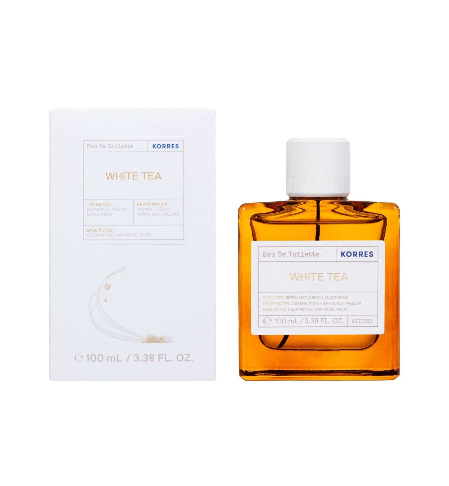 KORRES White Tea Eau de Toilette. Rechteckiger Flakon mit weißem Deckel und Verpackung. Text: White Tea, KORRES.