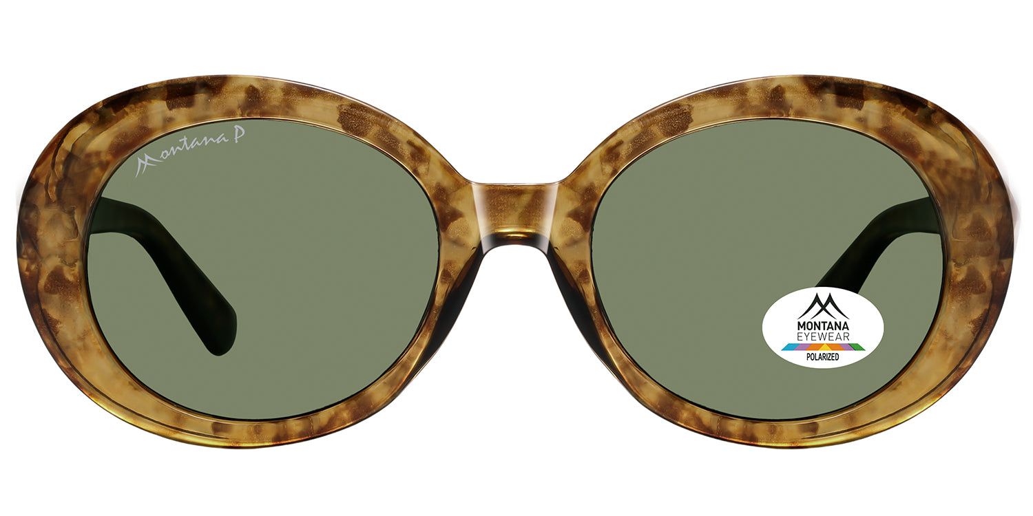 Runde Sonnenbrille mit braunem Rahmen und grünen Gläsern. Logo und Polarized-Aufkleber. Montana Eyewear.