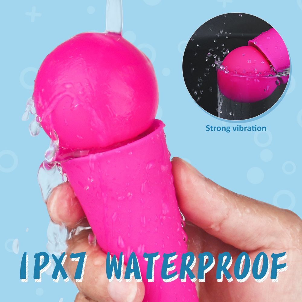 Pinkfarbener Massagestab mit kugelförmigem Kopf und kegelförmigem Griff. Wasserdicht IPX7.