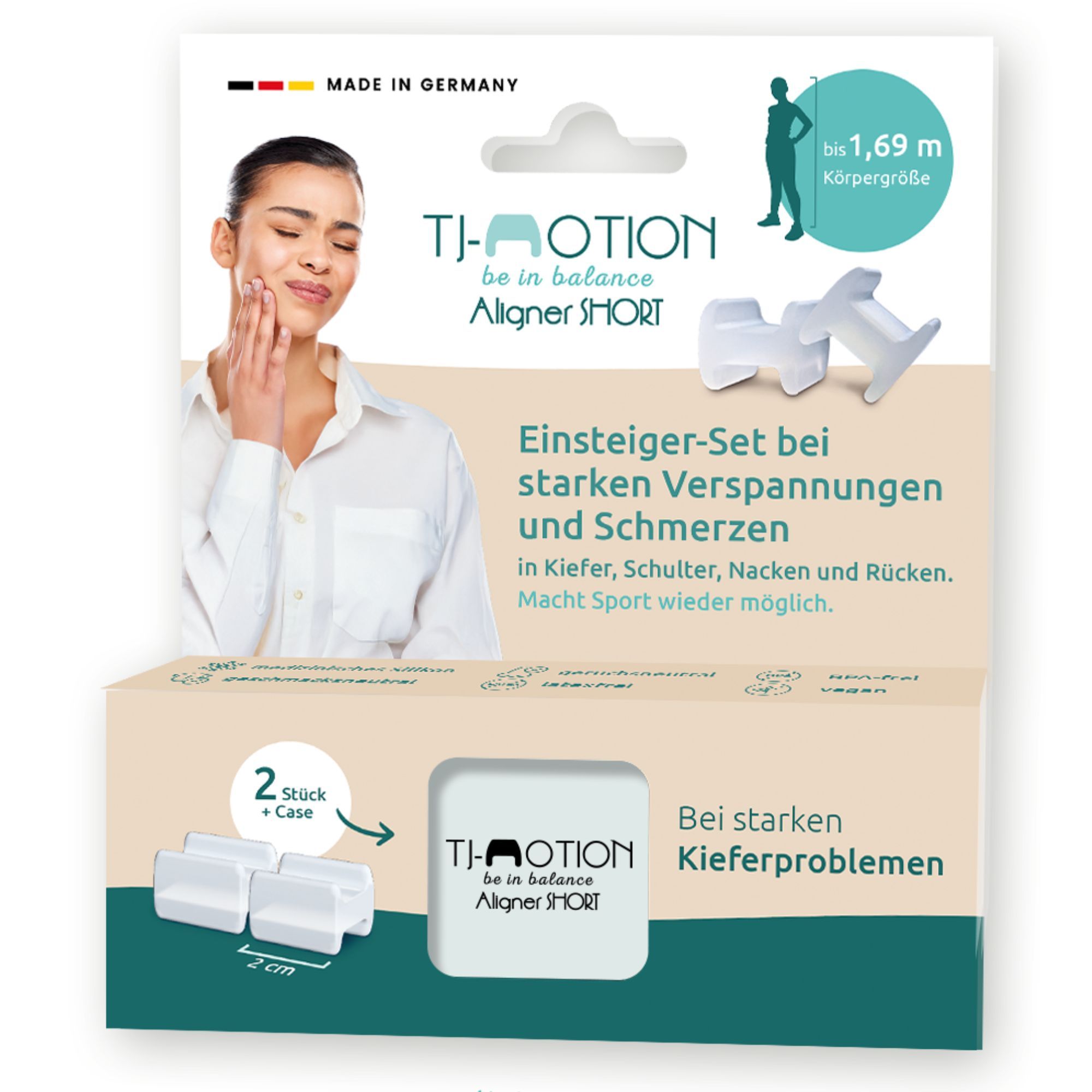Verpackung mit TJ-Motion Aligner SHORT. Enthält zwei weiße Kunststoffteile und eine Aufbewahrungsbox. Made in Germany.