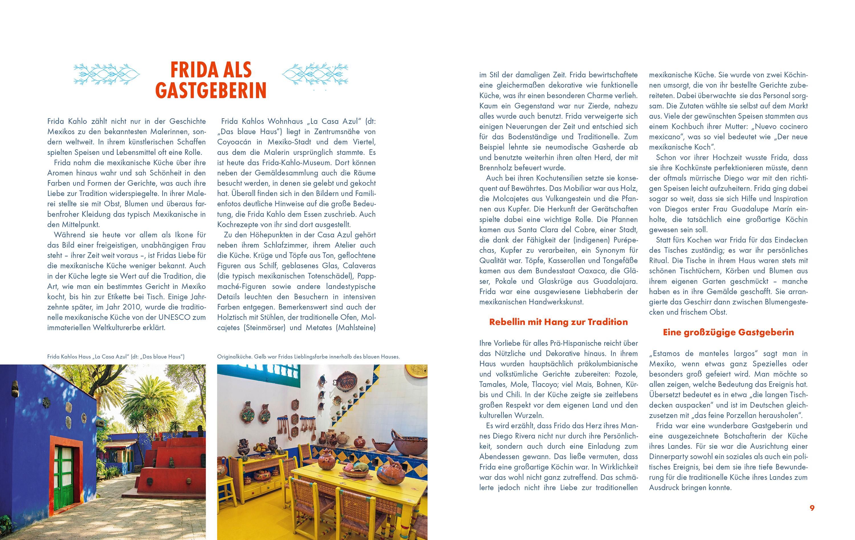 Buchinnenseite mit Text und Fotos. Titel: "Frida als Gastgeberin".