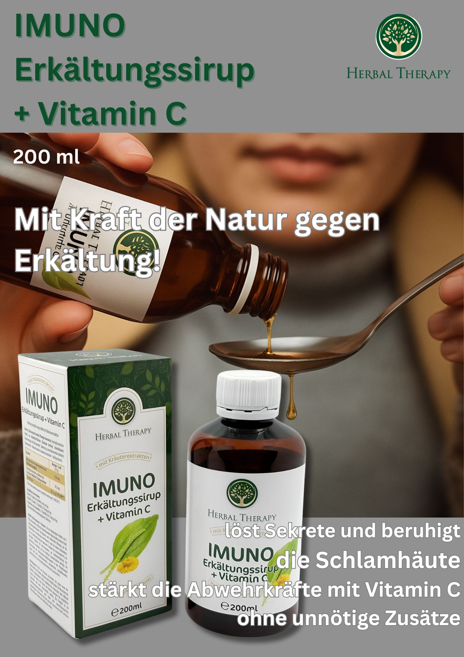 Sirup wird in einen Löffel gegossen. Flasche und Karton mit Aufschrift: IMUNO Erkältungssirup + Vitamin C. E200ml.