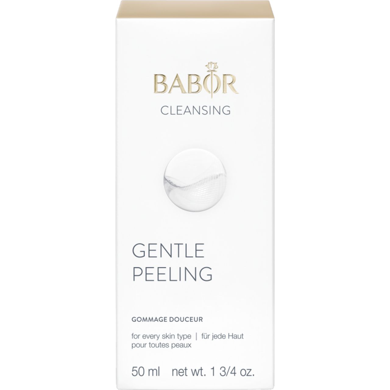 Weiße Verpackung mit Produktabbildung. Aufschrift: Babor Cleansing Gentle Peeling.