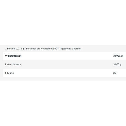 Tabellarische Auflistung von Nährwertangaben. Enthält Informationen zu L-Leucin-Gehalt pro Portion und pro Verpackung.