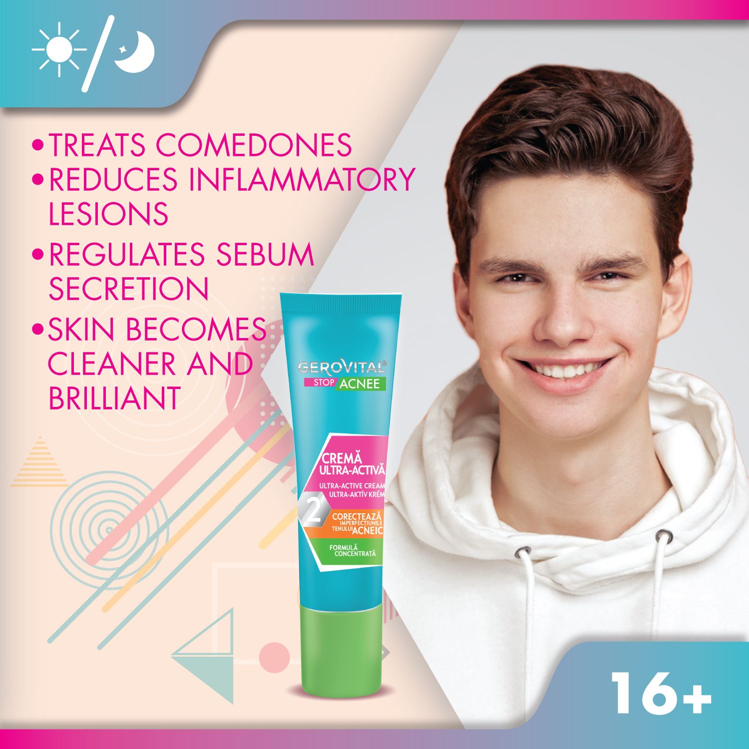 Produkt-Tube neben einem lächelnden Mann. Text: Behandelt Mitesser, reduziert Entzündungen.