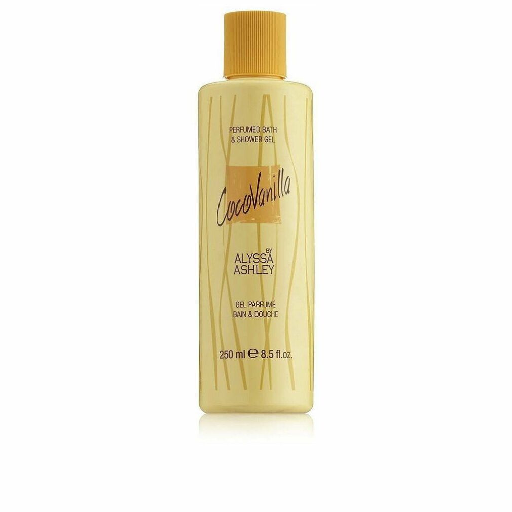 Bagnoschiuma in gel Coco Vanilla di Alyssa Ashley. Flacone giallo con tappo giallo. Scritta Coco Vanilla e Alyssa Ashley.